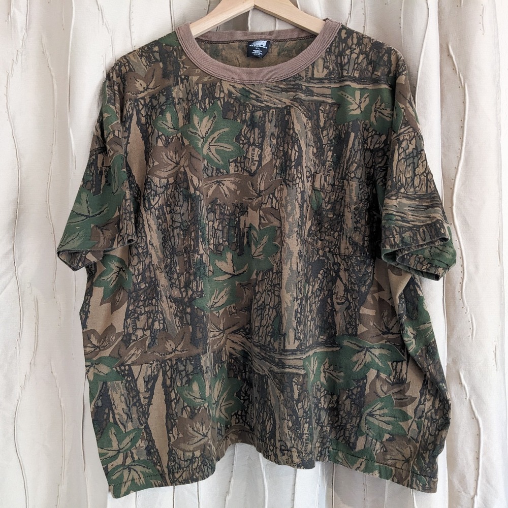 Vintage Camo Single Stitch T-Shirt XXL Rebark Pocket USA Boxy Hunting Ringer Tee